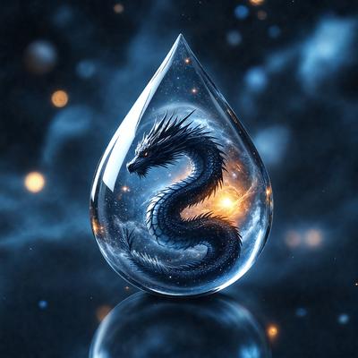 The primary subject of the image is a dragon, which is depicted as a glass sculpture. The dragon is surrounded by a blue background, giving it a serene and mystical appearance. The visual style of the image is a combination of digital art and illustration, creating a unique and captivating piece of art. The colors and mood of the image are predominantly blue, which adds to the overall atmosphere of the scene.